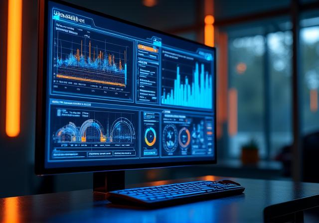 Sophisticated AI-powered data visualization dashboard on a high-tech screen