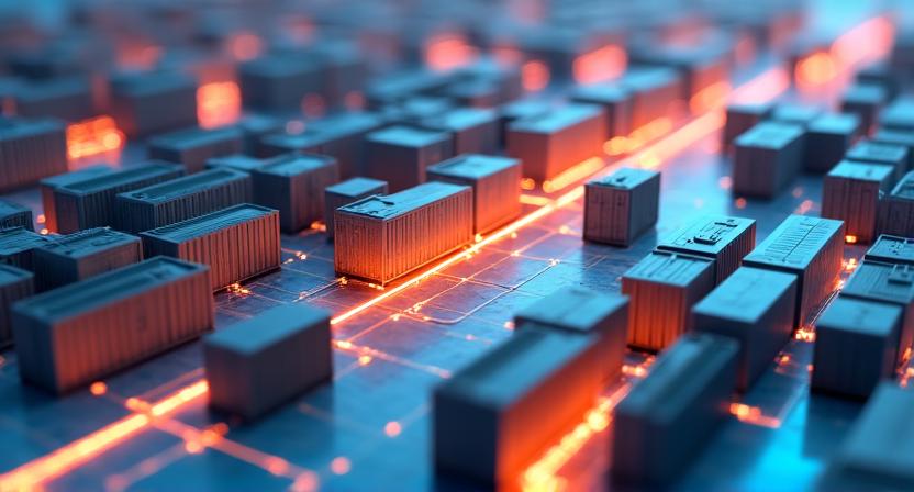 Abstract 3D visualization of a streamlined supply chain with glowing data points