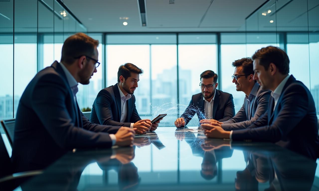 Diverse professional team collaborating in a high-tech conference room