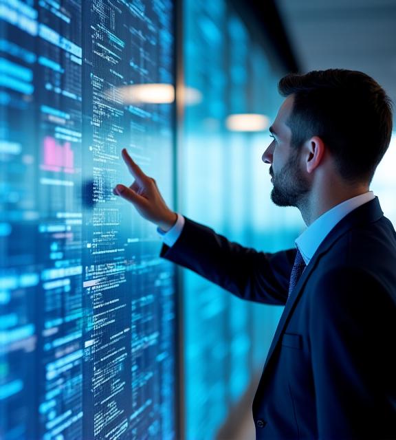 Business professional reviewing analytics on a large screen