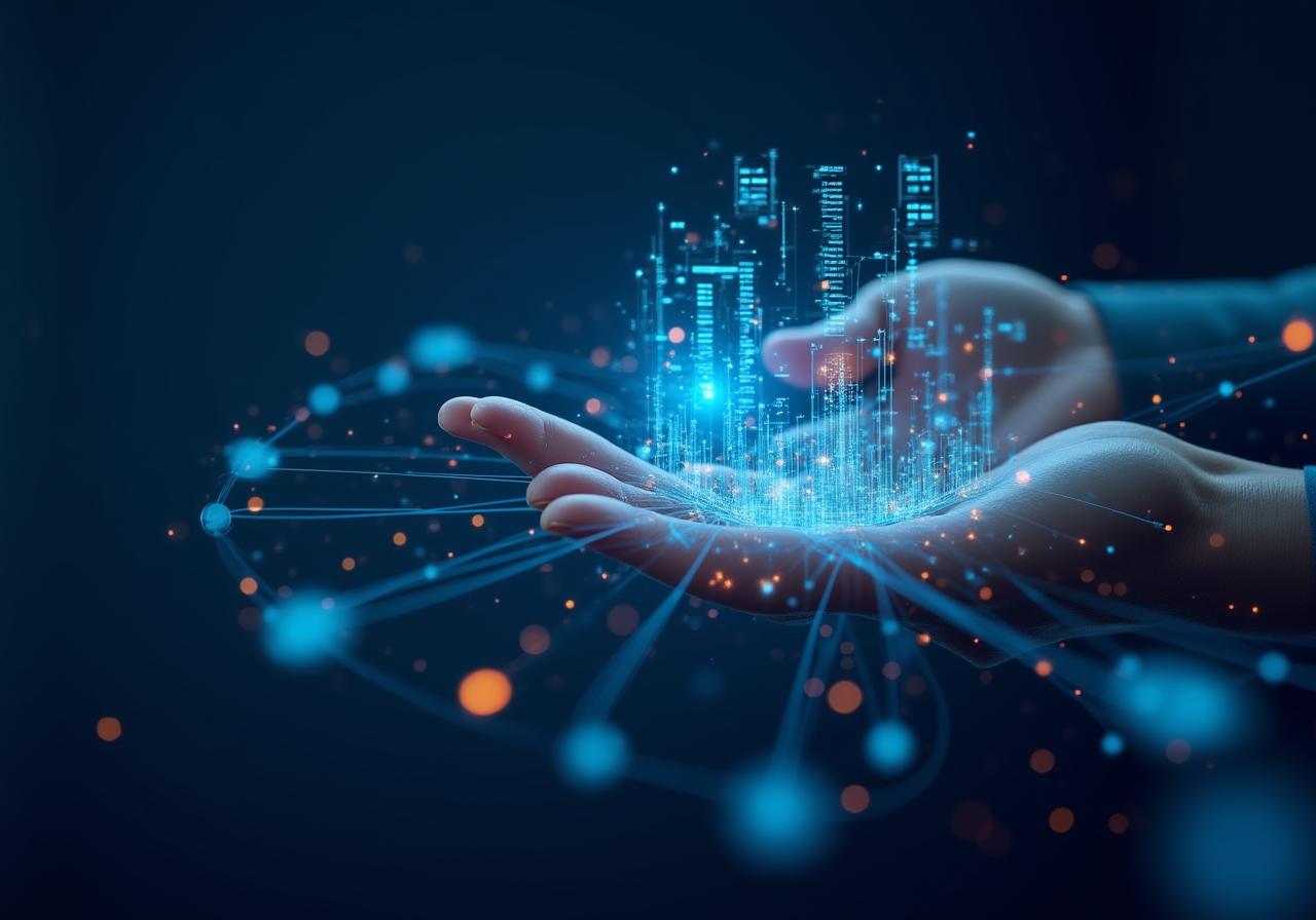 Abstract visualization of interconnected AI data nodes and automated workflows