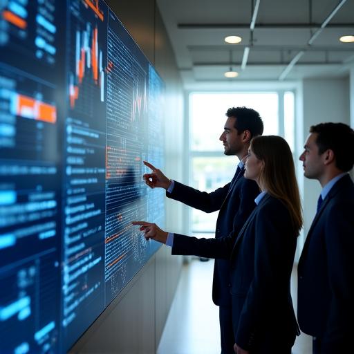 A team of logistics experts reviewing predictive data on a large digital dashboard